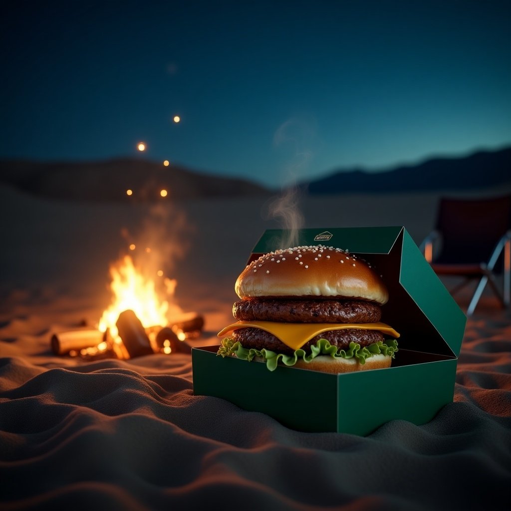 Juicy Hunter burger in green box by campfire. Night setting on desert beach. Steaming burger with lettuce and cheese. Warm light from fire highlights burger. Cool tones in sky. Slight shallow depth of field. Smooth bun texture contrasts with rough sand. Photorealistic rendering with enhanced saturation.