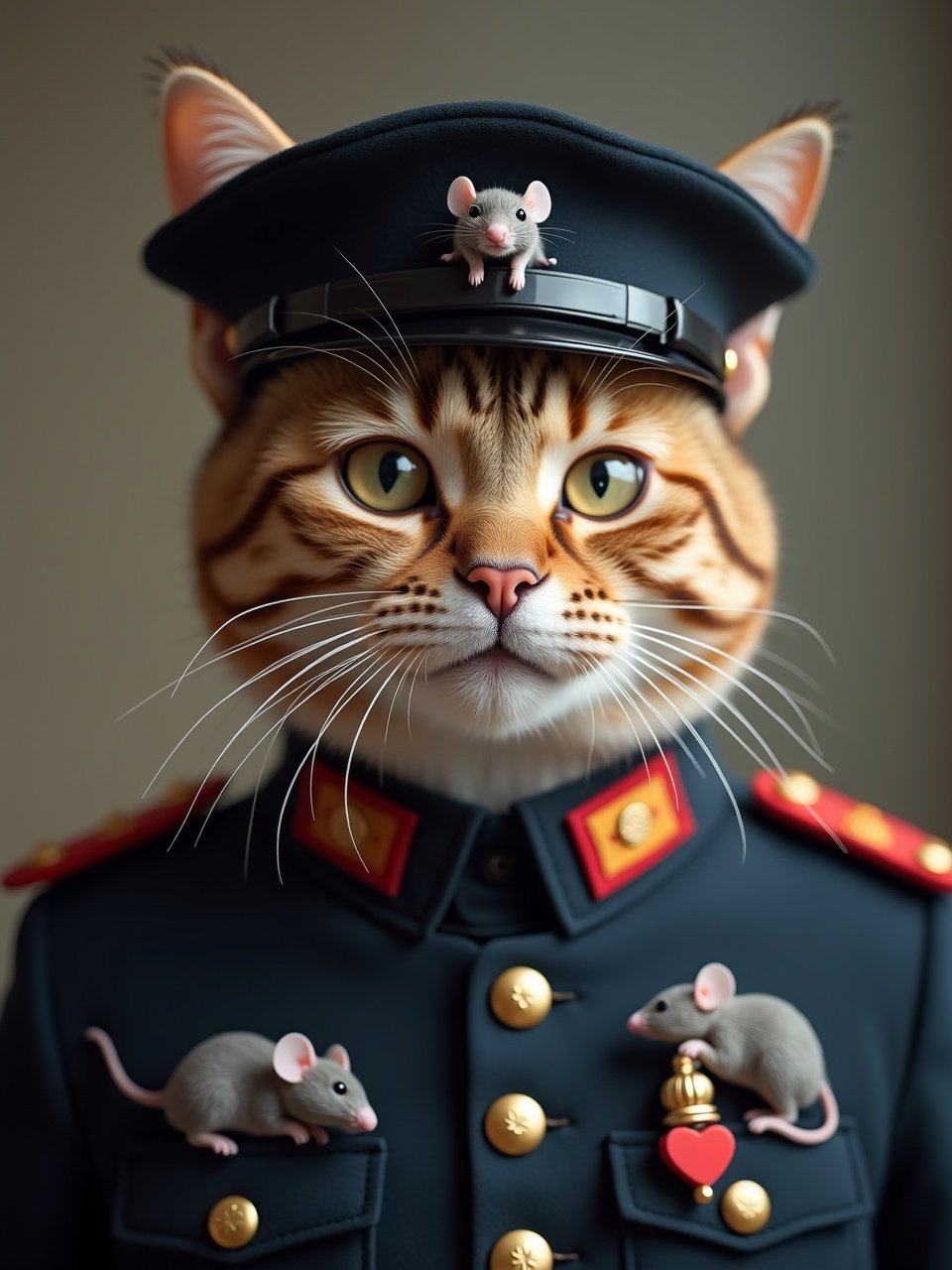 Professional photograph of a cat dressed in military uniform. Four identical badges on the uniform resemble small grey mice. Focus is on the cat and its attire. Background is neutral to highlight the subject.