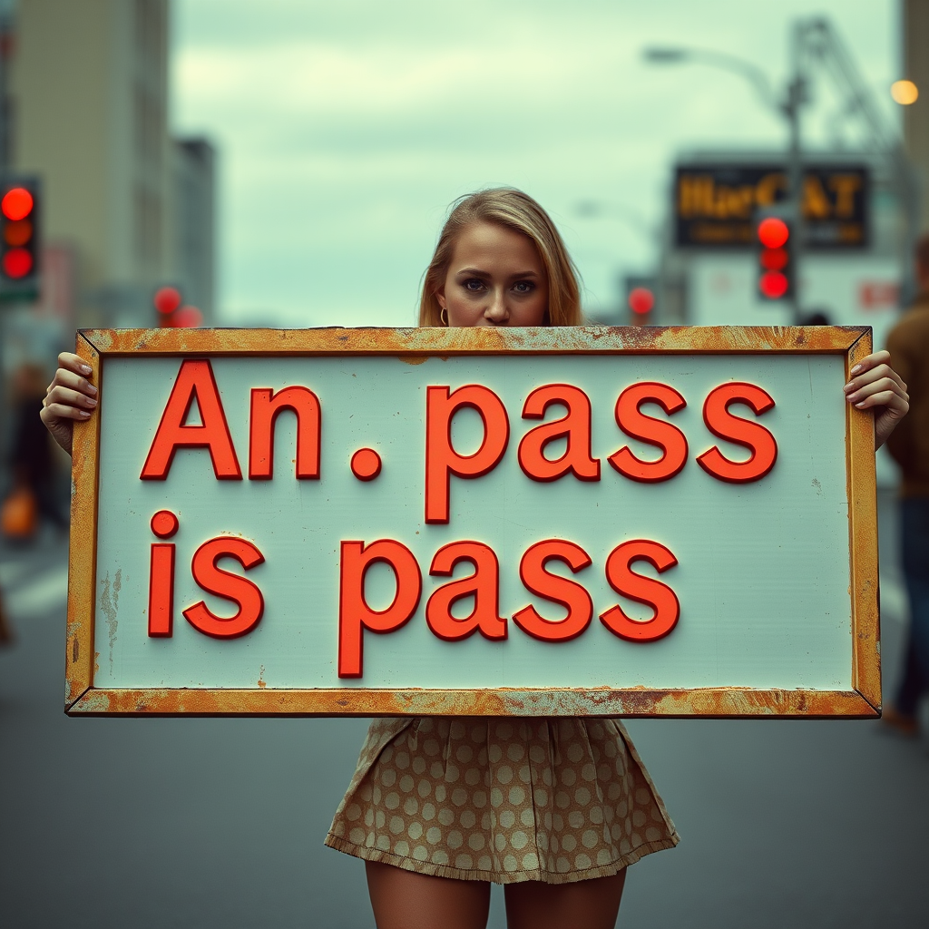 A person holds a sign in a busy city street with the phrase 'An. pass is pass' in bold red letters.