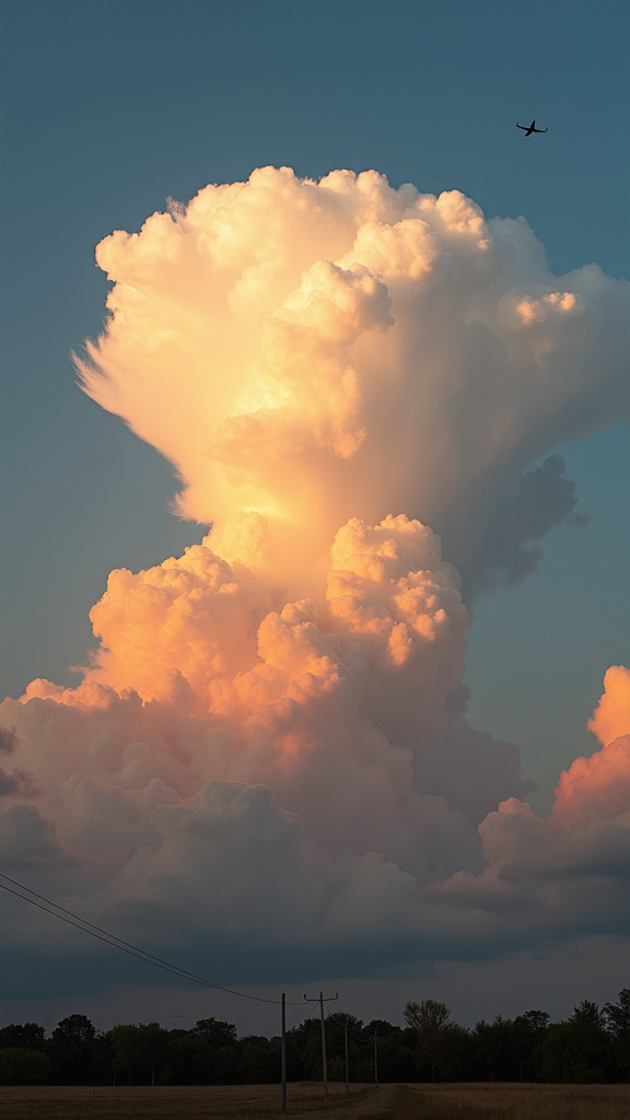 A large, illuminated cumulonimbus cloud towers against a twilight sky with a silhouette of an airplane flying nearby.