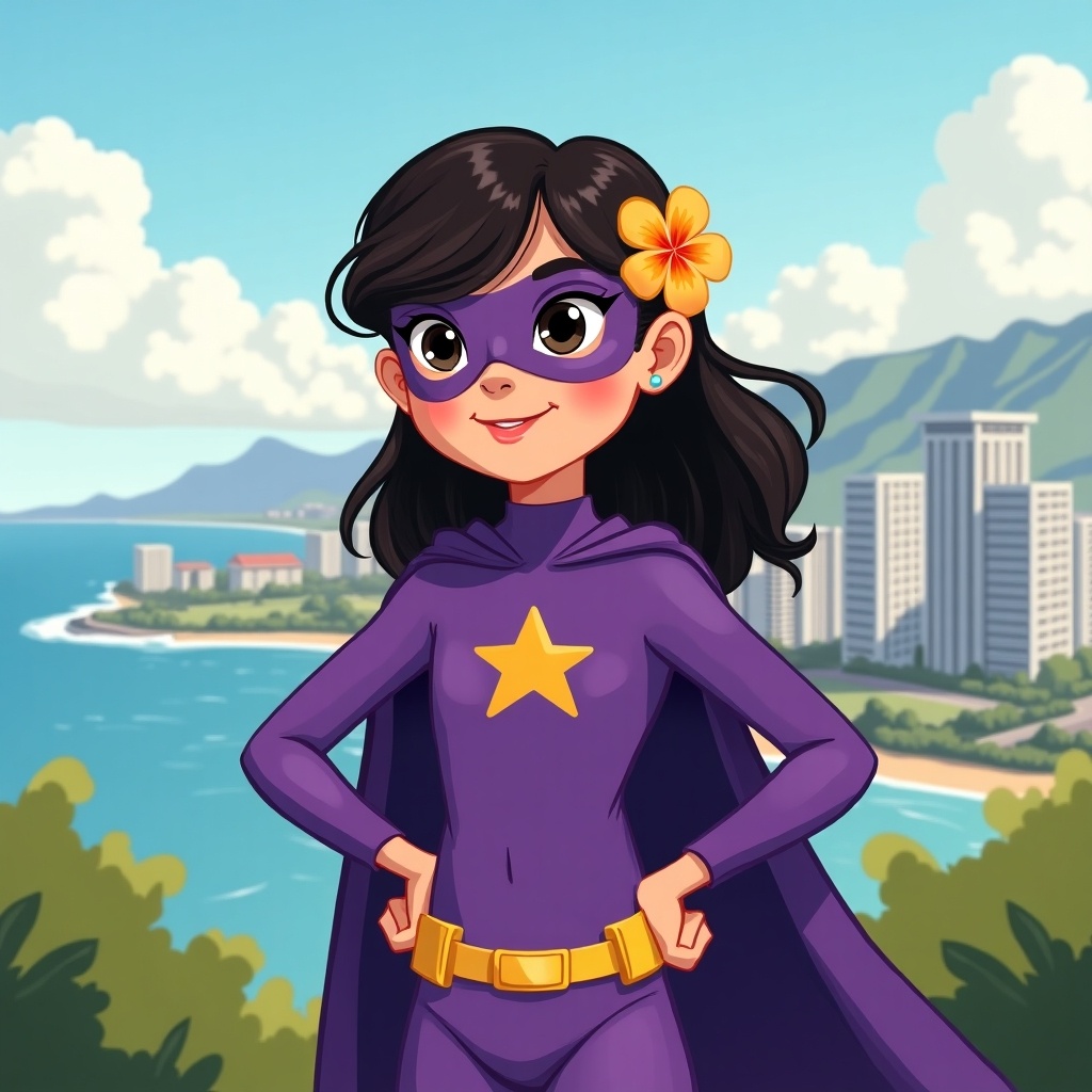 The image depicts a 6-year-old girl embodying the spirit of a superhero. She has dark brown hair and black eyes, with golden skin that radiates warmth. Standing confidently in her purple superhero suit, she sports a mask and a flowing cape. A bright yellow star adorns her suit, symbolizing her bravery. Behind her, the stunning landscape of O'ahu and the skyline of Honolulu creates a captivating backdrop. A plumeria flower is tucked behind her ear, adding a playful touch. She surveys the scene with a mischievous smile, ready for adventure.