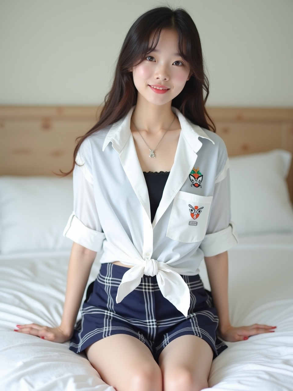 The image features a young woman sitting on a bed, dressed in a stylish and casual outfit. She wears a white tied blouse with playful embroidery over a black top, paired with plaid shorts. The bedroom setting is simple and cozy, highlighting her relaxed and cheerful demeanor.