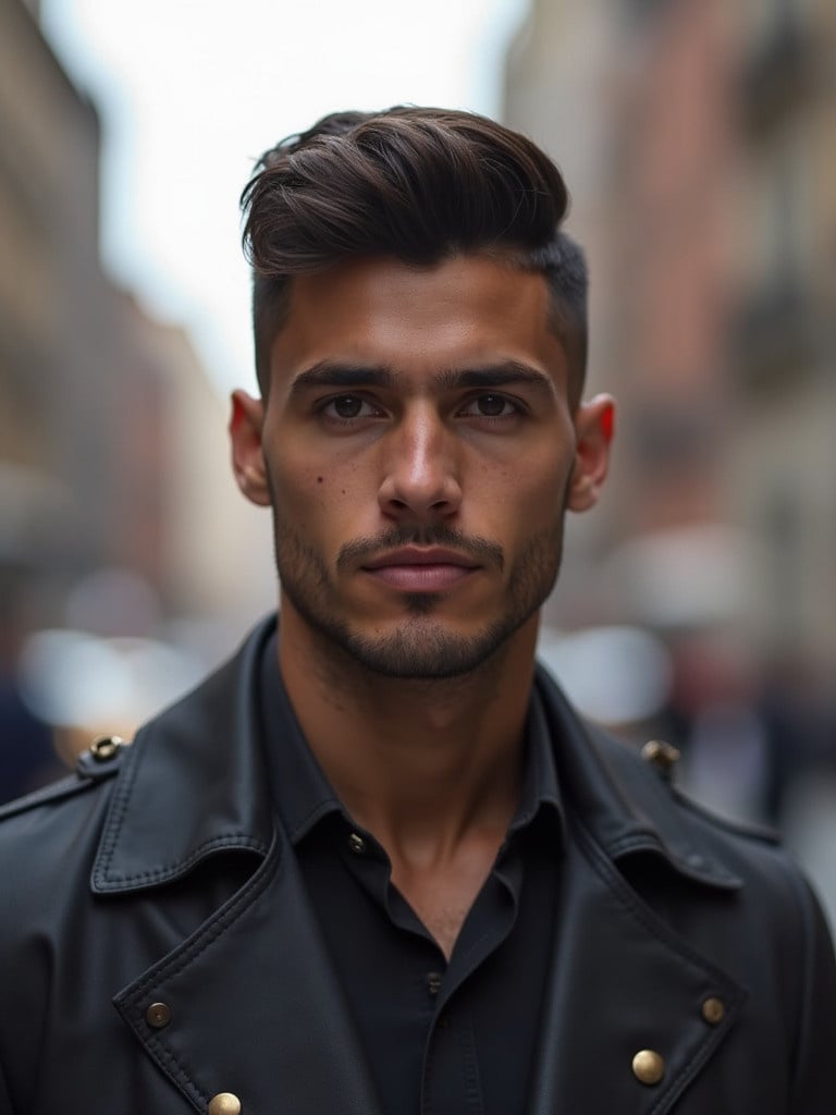 A brown male with tamper fade hair looks directly at the camera in the city. Soft lighting highlights their features. The photo captures the subject's full body.