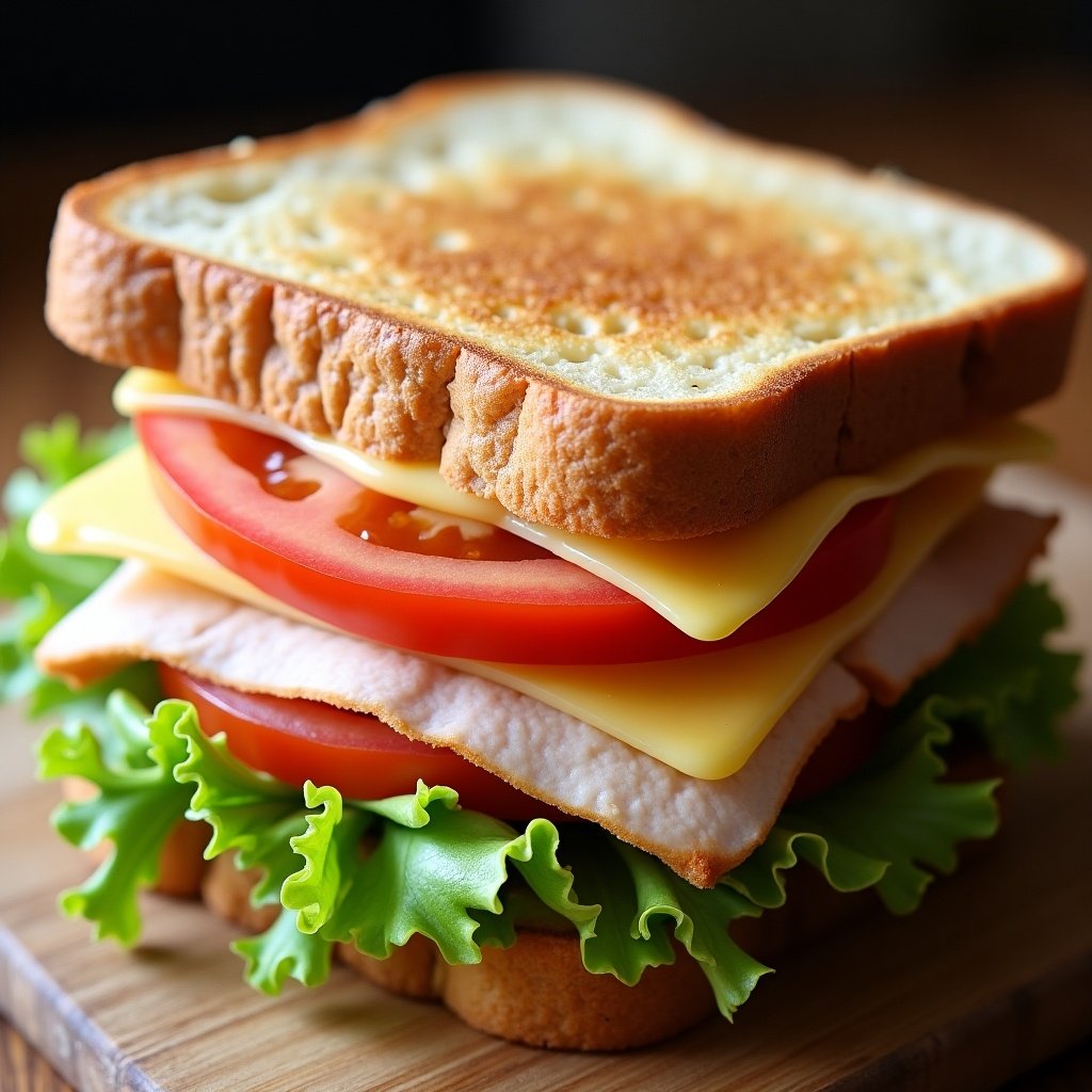 A toast sandwich features layers of smoked turkey, melted cheese, iceberg lettuce, and tomato, lightly spread with mayonnaise on toasted bread.