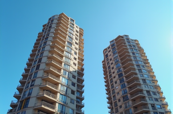 Two tall residential buildings with multiple balconies rise against a clear blue sky.