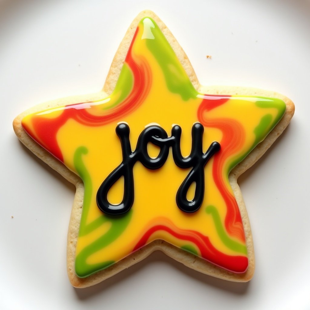 Star cookie decorated with yellow icing. Red and green marbling on top. Word joy written in cursive with black icing.