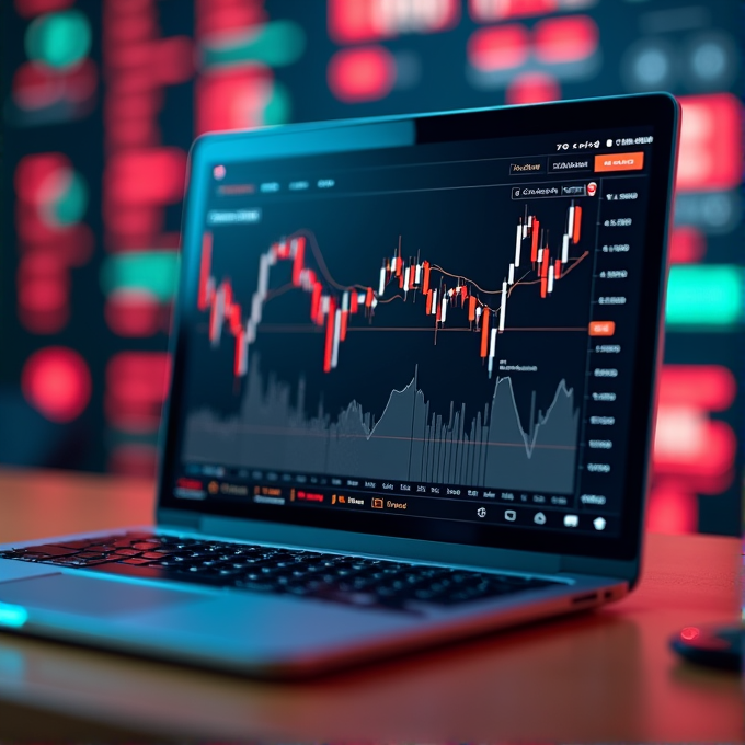 A laptop screen displaying a detailed financial chart on a trading platform, with a vibrant, blurred background of red and green market indicators.