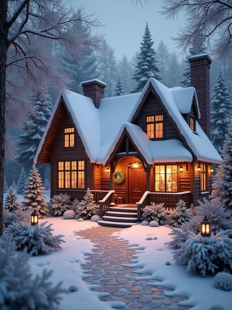 3D rendering of a cute cozy cottage decorated for Christmas. Cottage porch adorned with winter decor. Surrounded by a beautiful lakeside garden and tall trees. Snow is gently falling. The atmosphere radiates winter vibes.