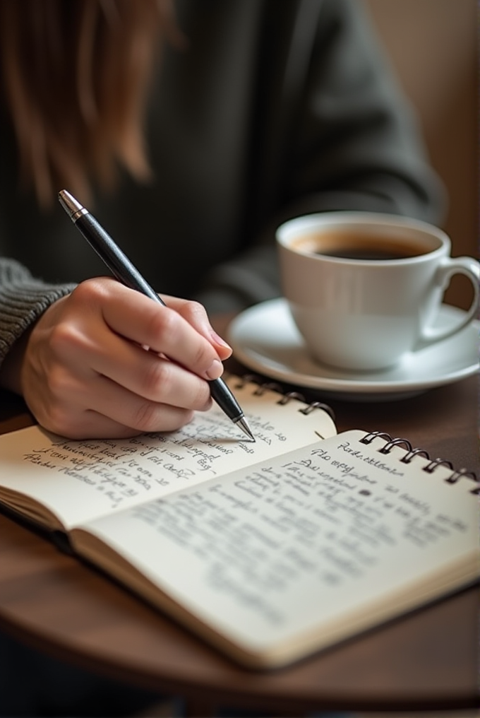 A person writes in a notebook beside a cup of coffee, creating a cozy and reflective atmosphere.