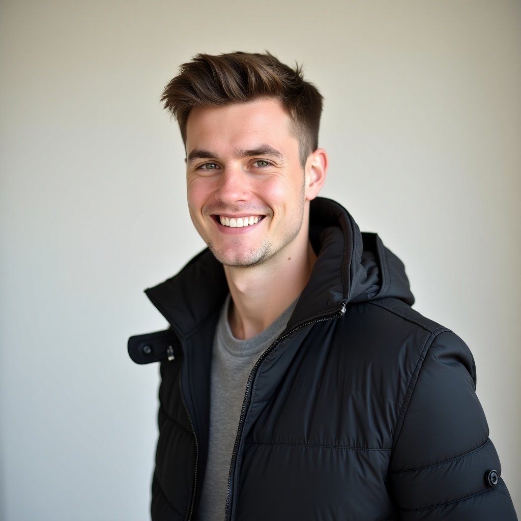 Portrait of a smiling young man. He wears a black puffer jacket over a gray shirt. The background is neutral and unobtrusive. The focus is on his cheerful expression.