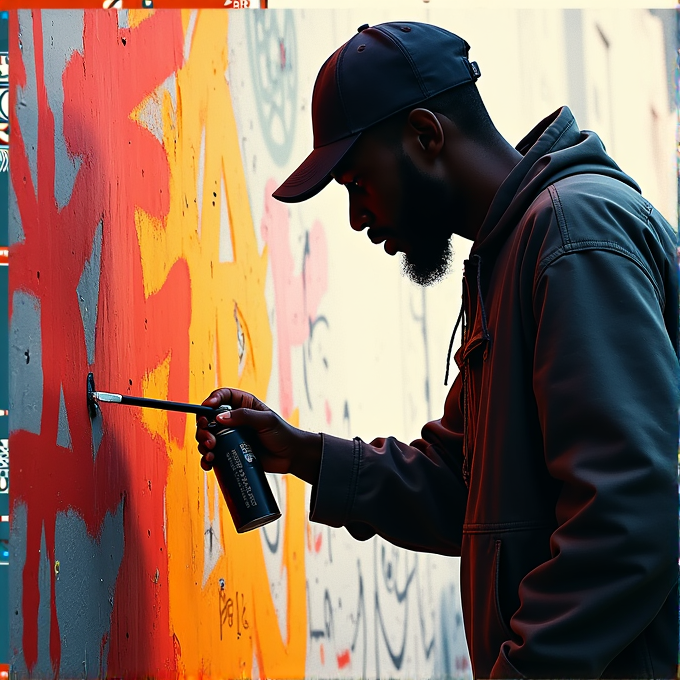 A person in a cap and hoodie spray-painting vibrant graffiti on a wall.