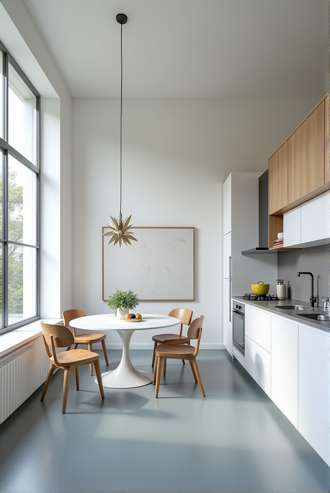 A modern, minimalist kitchen with a round white table and wooden chairs, large window, sleek cabinetry, and a unique pendant light.