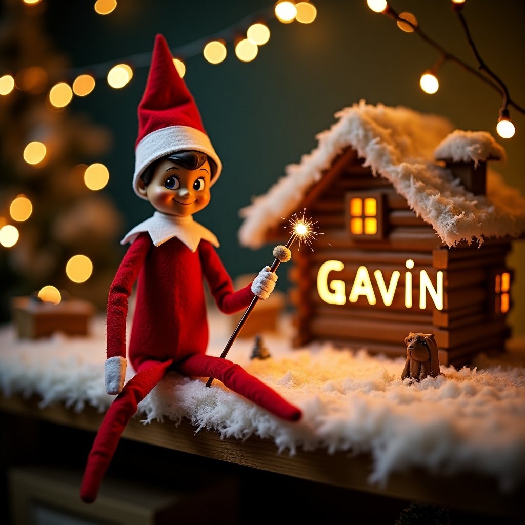 An enchanting Christmas scene featuring an elf on the shelf. The elf, dressed in red and white, wields a magic wand, writing Gavin in a glowing script. The backdrop is adorned with northern lights. The scene is festive, portraying the spirit of Christmas with a whimsical twist and a log cabin. The elf's position and action create a sense of wonder and excitement that captures the joy of the holiday season.