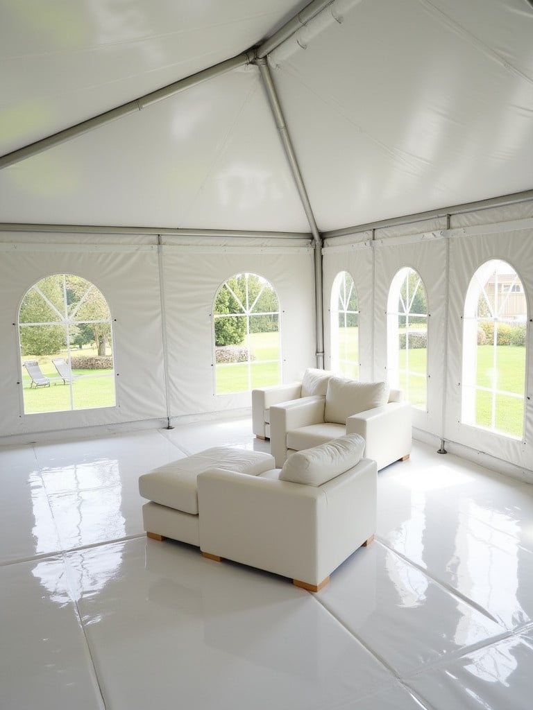 A 30x40 tent designed for VIP events. Inside features white leather furniture. Bright and spacious with large windows showing the outside garden area.