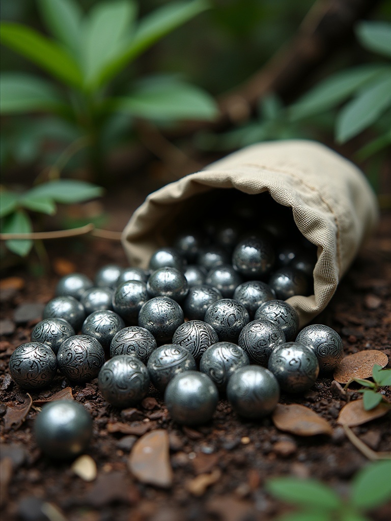 Round marbles made of sterling silver with Polynesian tribal patterns spill out of a brown patchwork sack. The scene resembles a forest floor in the Amazon jungle. Irregular shapes shine amidst earthy tones.