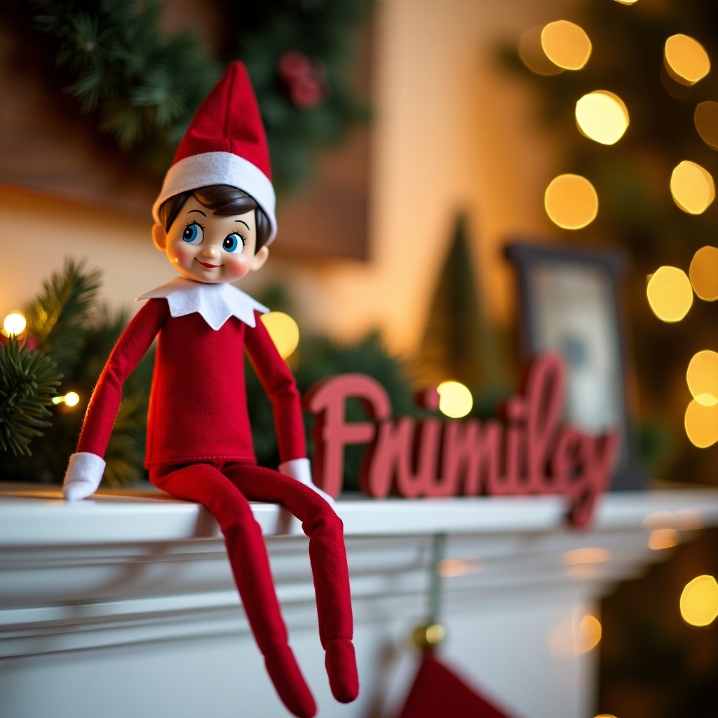 Elf on the shelf sits on a mantel decorated for Christmas. Family name displayed prominently. Cozy and festive atmosphere.