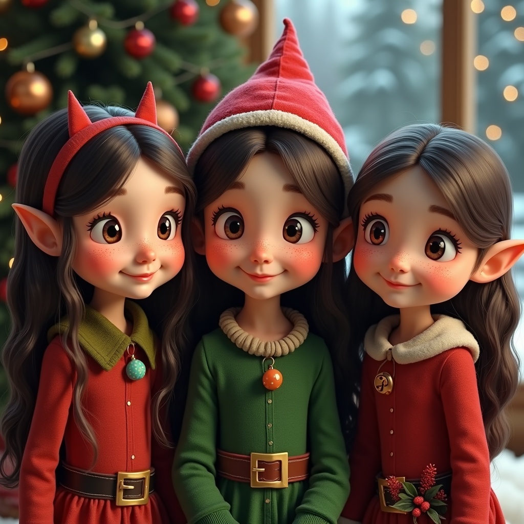 A cute girl elf with pointed ears is with her two human friends. Two small girls are aged 4 and 8. They have long dark brown hair and freckles. The background shows a Christmas scene.