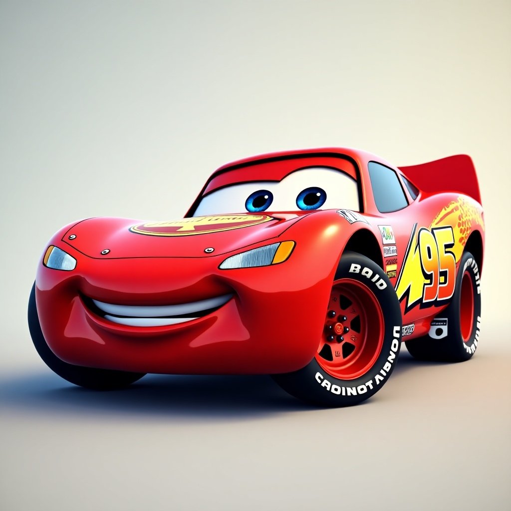 Cartoon character car with a smile. Bright red color with number 95 on the side. Playful expression on its face. Designed for children's entertainment. Represents a racing champion.