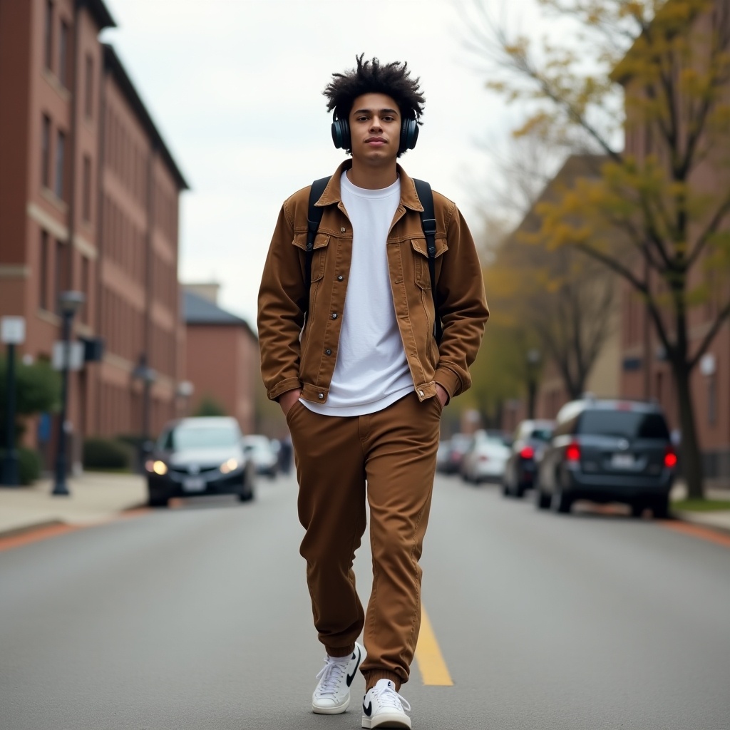 A young man walks towards high school. He wears a brown denim jacket, tracksuit pants, white shirt, and headphones. He listens to 'The Nights'. His hair is black, messy, and fluffy. The background shows an urban setting.