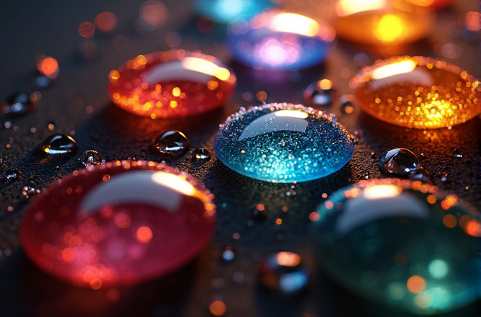 Vibrant, translucent spheres in various colors glisten with sparkling reflections on a dark surface.