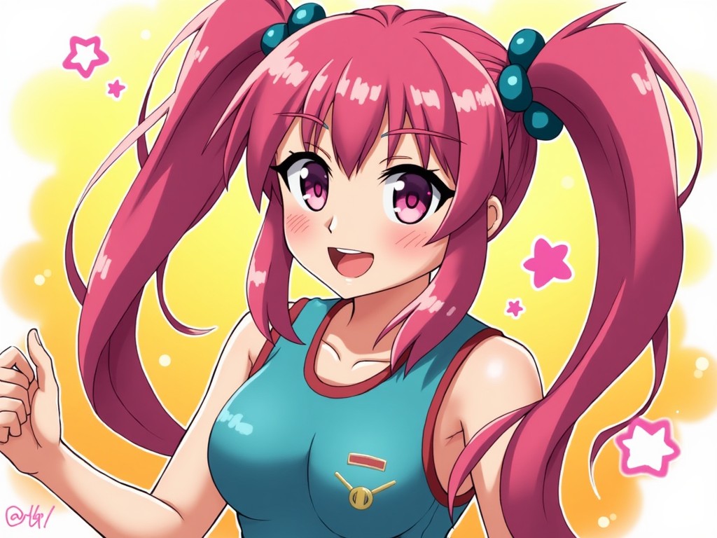 This image features an animated character with long pink hair styled in pigtails. She has large, expressive purple eyes and a friendly smile. The character is wearing a teal athletic tank top. The background is bright yellow with stars, enhancing her cheerful demeanor. The piece appears to be colorful and lively, suitable for an anime-themed project.