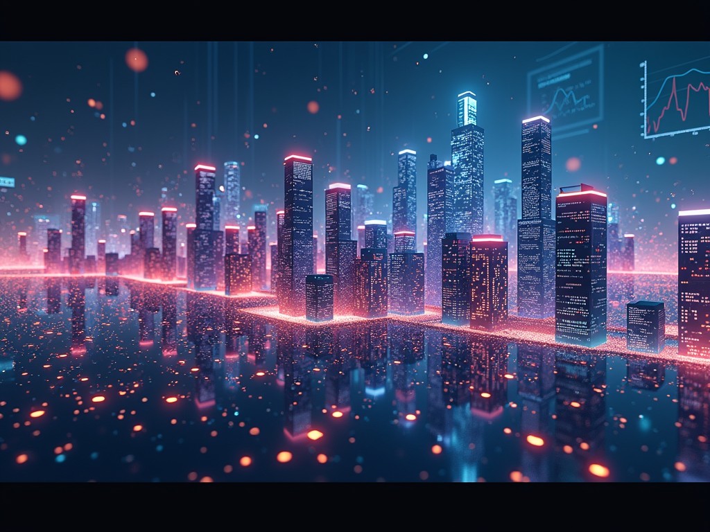 A futuristic cityscape illuminated with neon lights set against a reflective surface. Tall skyscrapers are lined with glowing patterns and are immersed in ambient particles, creating a digital, cybernetic atmosphere. The city is filled with vibrant hues of blue and pink, exuding a sense of advanced technology and innovation.