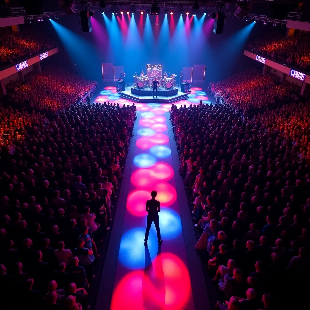 This image captures a vibrant concert scene at Madison Square Garden featuring Roddy Rich. The view is from above, resembling a drone perspective, showing a T-shaped runway leading to an energetic stage. Colorful lighting fills the venue, casting dynamic patterns on the audience. Thousands of fans are captured in the crowd, immersed in the performance. The stage is illuminated with bright lights, enhancing the atmosphere of excitement and energy.