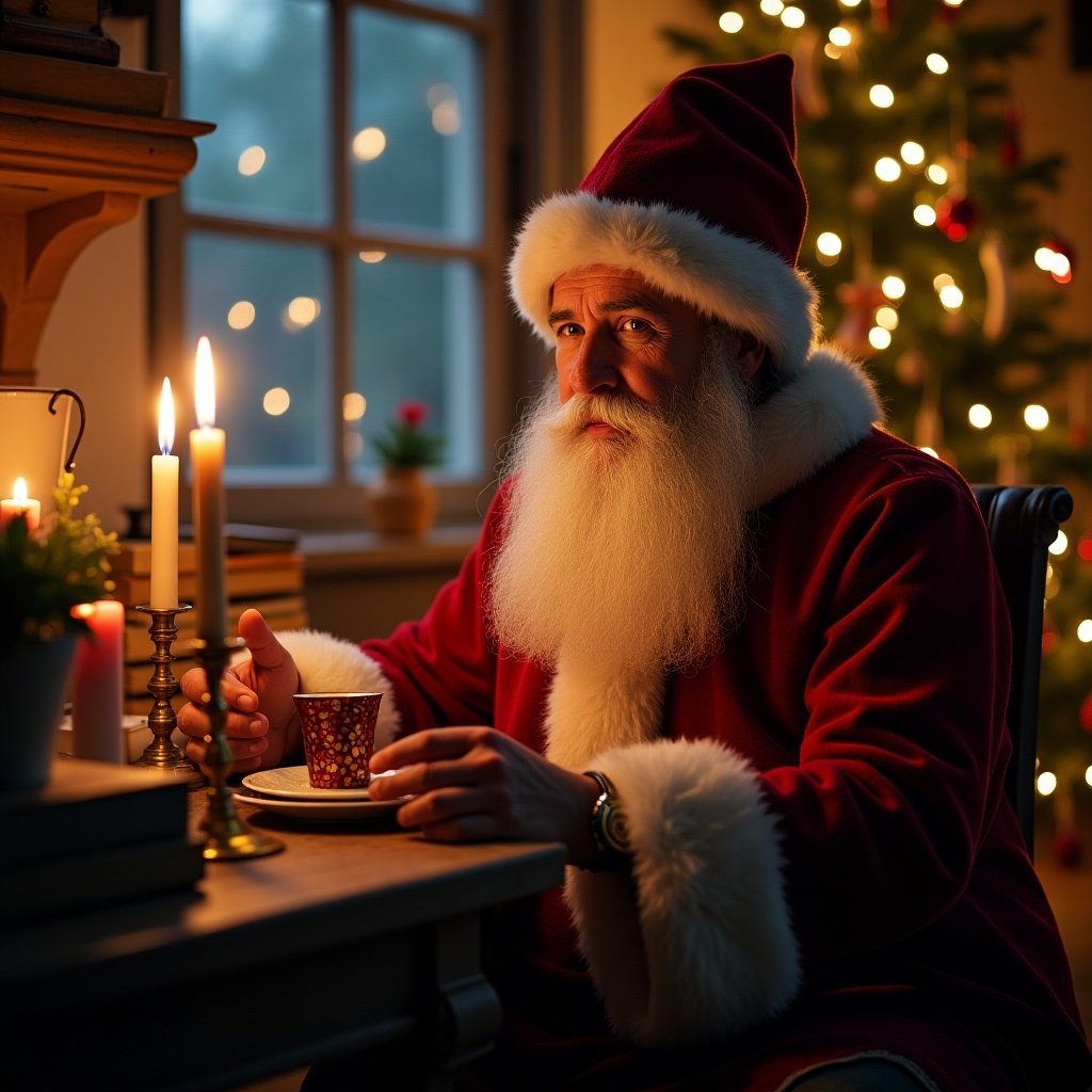 Detailed scene of Nikolaus in a cozy 19th century Christmas setting. Warm evening ambiance featuring candles and a decorated tree. Digital painting with a photorealistic quality. A cozy and inviting atmosphere with sharp focus and intricate details.