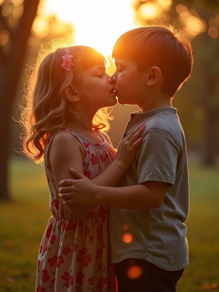 A girl and boy sharing a kiss in a park during sunset. Surrounding them is warm sunlight with a soft glow. The setting has trees and grass creating a peaceful environment.