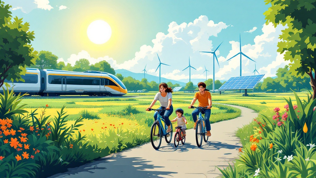 Solarpunk-inspired comic-style illustration showcases a happy family biking. Two parents on tandem bikes while a child rides nearby. Lush greenery surrounds them. Sleek modern train moves in the background. Bright sun over the scene with solar panels and wind turbines viewed far away. Atmosphere feels calm and optimistic.