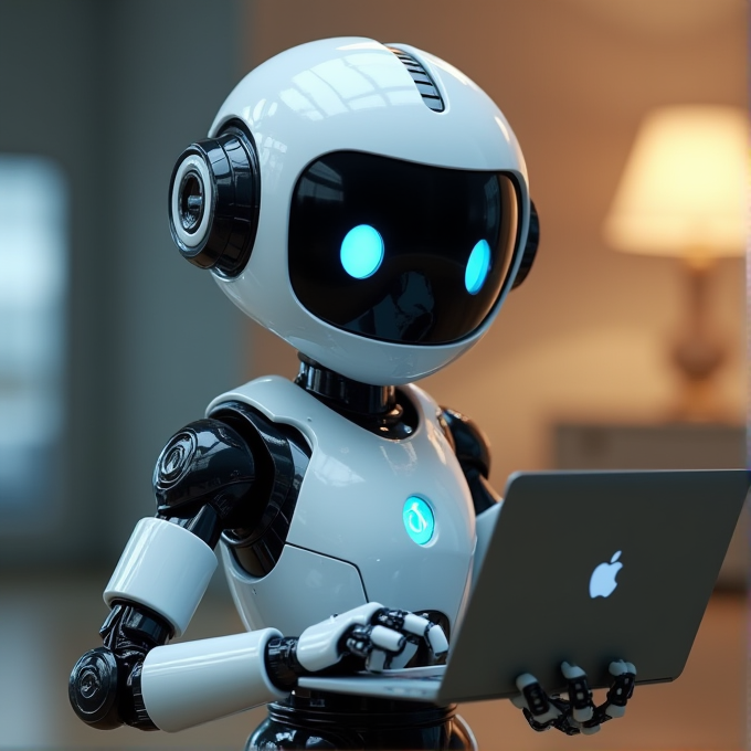 A sleek, white robot with glowing blue eyes is intently using a laptop in a modern indoor setting.