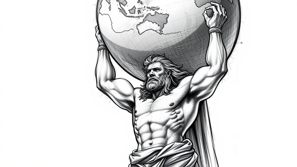 A powerful illustration of a mythological figure holding a globe.