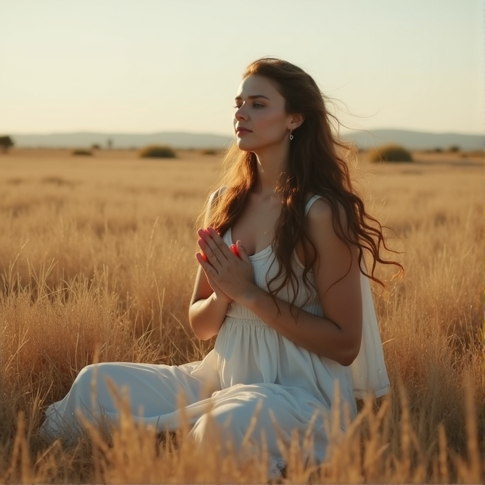 A woman in a white dress meditates in a sunlit meadow, surrounded by tall grass and warm, golden tones.