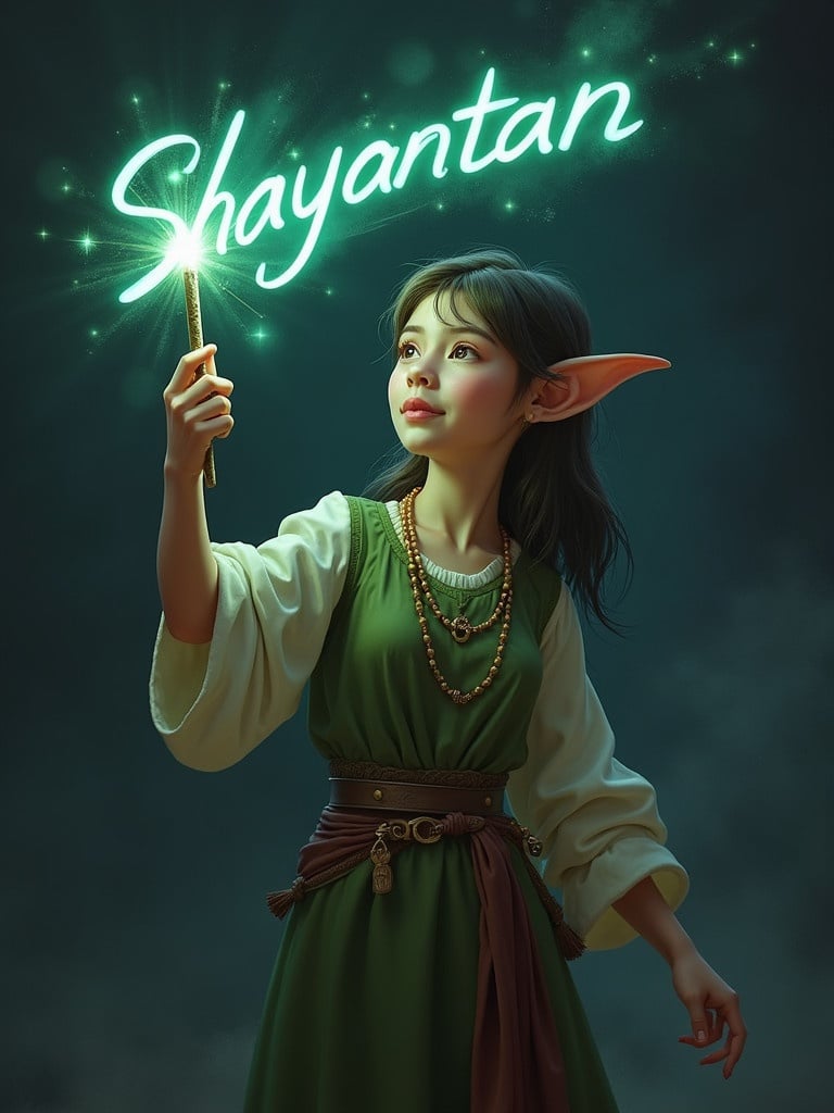 Elf character uses a magical wand to write glowing name Shayantan. Magical atmosphere surrounds the character. Worn clothing indicative of a fantasy setting. Wand casts a bright glow enhancing the magical scene.