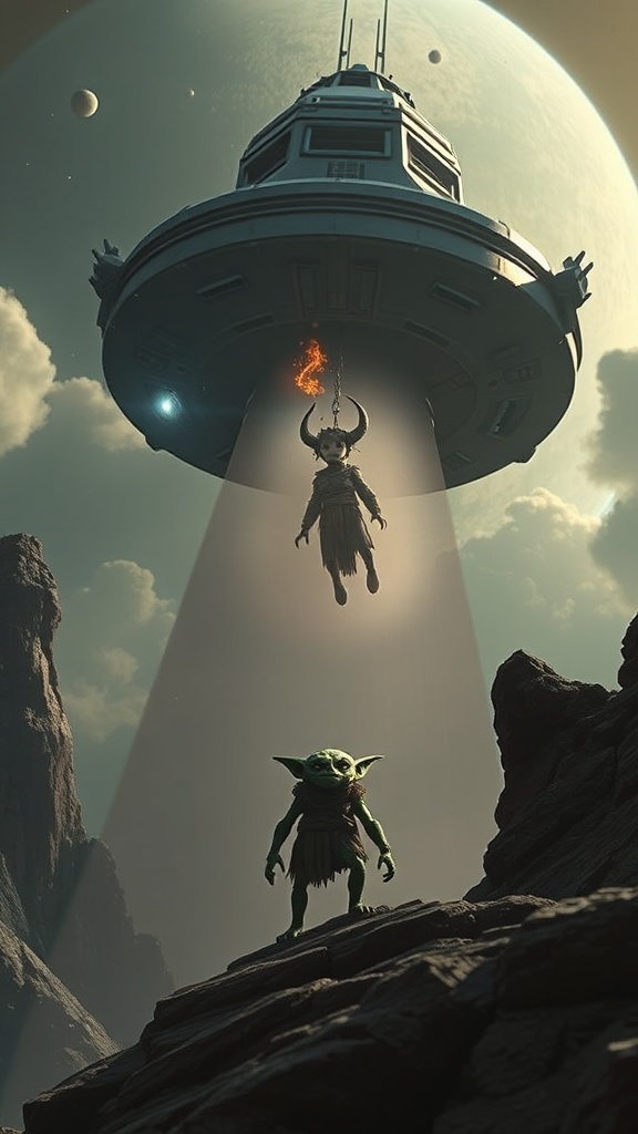 A fantastical scene set on an alien planet showcases a hovering spaceship emitting a beam of light, lifting an otherworldly character adorned with horns. Below, a small green creature with large ears stands poised on rocky terrain, seemingly unperturbed. The background depicts a cloudy sky with moons or planets, enhancing the sci-fi atmosphere.