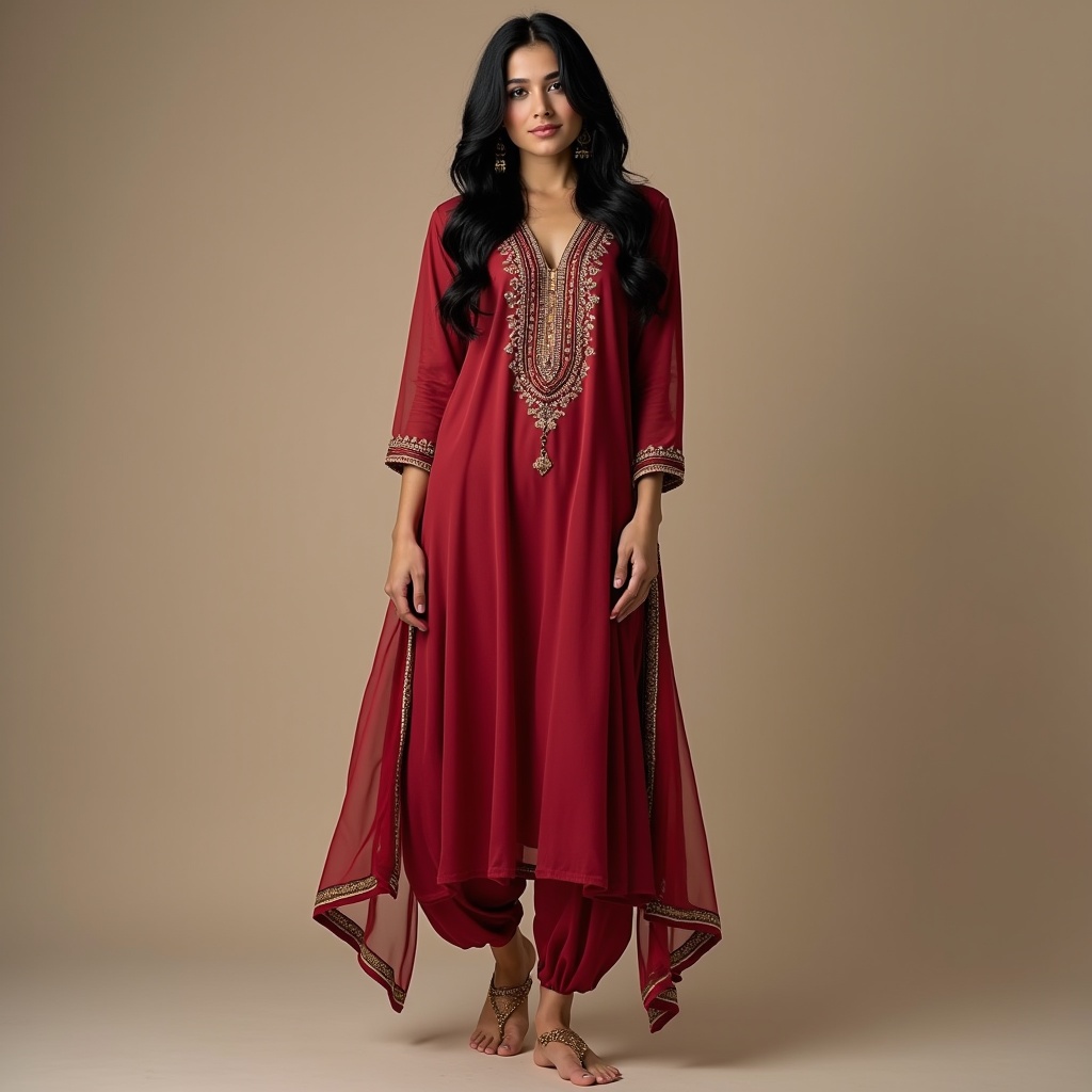 Woman wears a red salwar suit with intricate embroidery. Open black hair and elegant posture. Set against a neutral background. Minimal accessories.