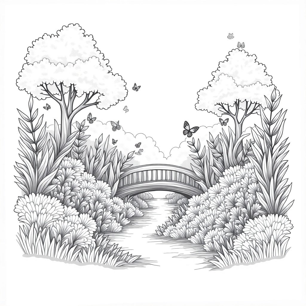 Line art illustration depicting a serene landscape with two trees, a bridge, and butterflies. Focus on a river flowing through lush plants and flowers.