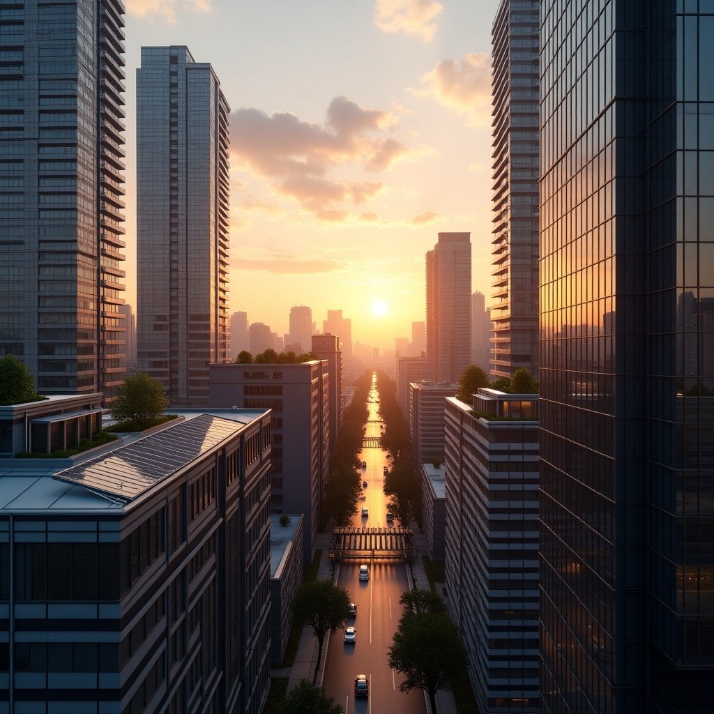 Hyper-realistic photograph of a vibrant urban cityscape at sunrise. Scene features tall, modern high-rise buildings with sleek glass facades reflecting soft, golden hues of the rising sun. Sky is a stunning blend of warm colors with fluffy clouds catching light. Foreground shows rooftop gardens, terraces, and solar panels. Streets below have early morning activity with cars and people. Perspective is slightly elevated for a clear view of skyline and glowing horizon. Soft sunlight streams through gaps between buildings.