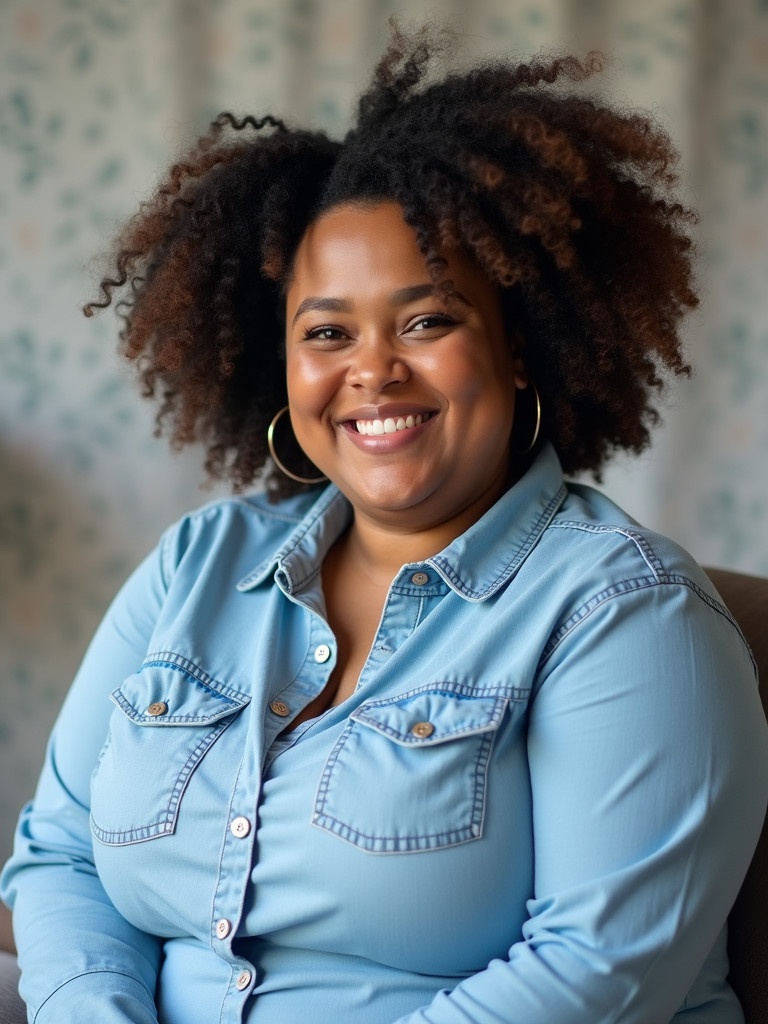 Image features person with confident smile. They wear light blue denim shirt with button details. Background is subtle blurred pattern. Hair is voluminous, enhancing vibrant and joyful mood. Chubby woman in blue clothing.