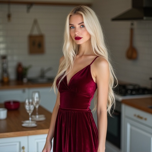 Blonde model stands in a stylish kitchen. She wears a burgundy velvet dress. The kitchen is modern with wooden accents. The model has shiny long hair and wears glossy lipstick. The scene is warm and inviting.