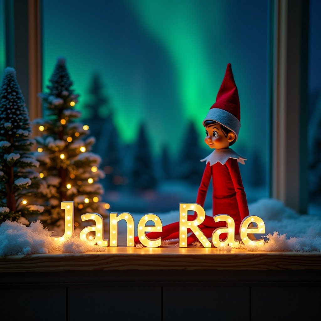 Elf on the shelf in a Christmas scene. Elf character dressed in red with a pointed hat. Christmas trees and snow. Illuminated letters spelling out the name 'Jane Rae'. Background features northern lights.