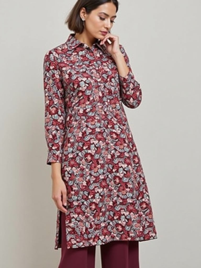 A model showcases a modern floral baju kurung. The dress features a blend of colors and patterns typical of ethnic wear. Soft fabric enhances the elegant appearance. The model poses with one hand on the neck area, displaying a stylish yet traditional look.