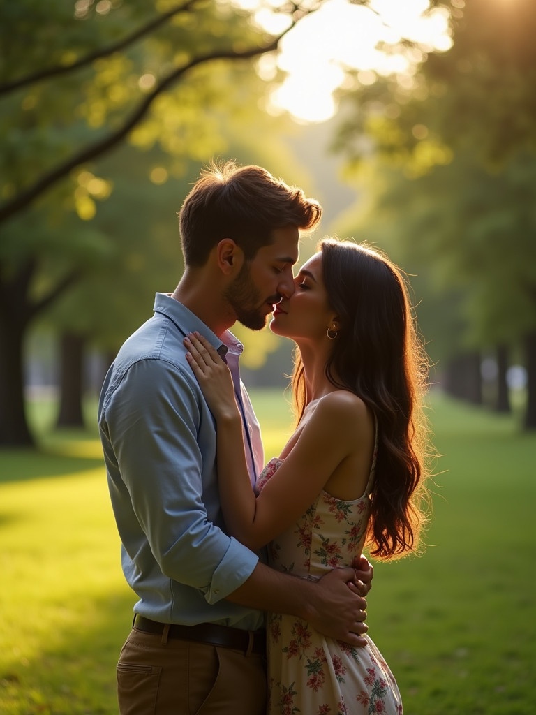 Couple kissing in a lush park. Soft daylight shines through trees. Romantic and intimate moment. Young couple with warm expressions.