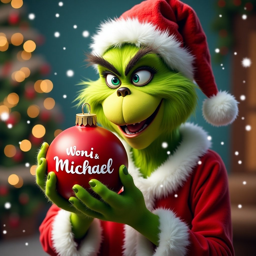 The Grinch holds a red ornament with the names Noni and Michael. Christmas tree appears in the background. Grinch is dressed in a Santa outfit.