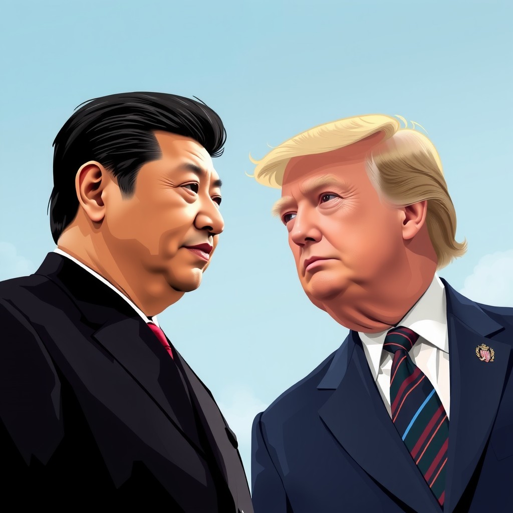 Illustration of two prominent figures facing each other with serious expressions against a blue sky.