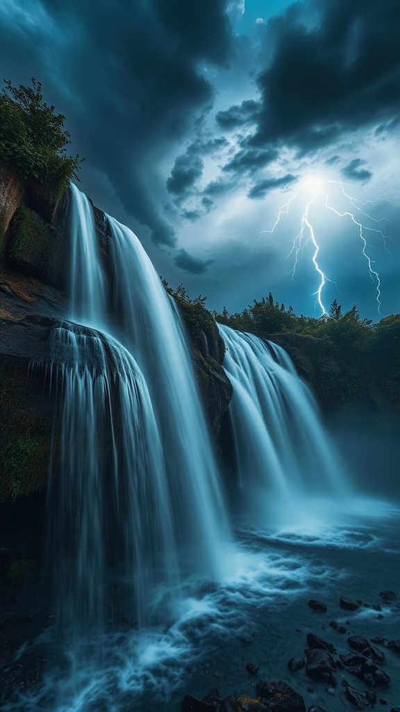 A dramatic scene captures a waterfall under a stormy sky illuminated by lightning.