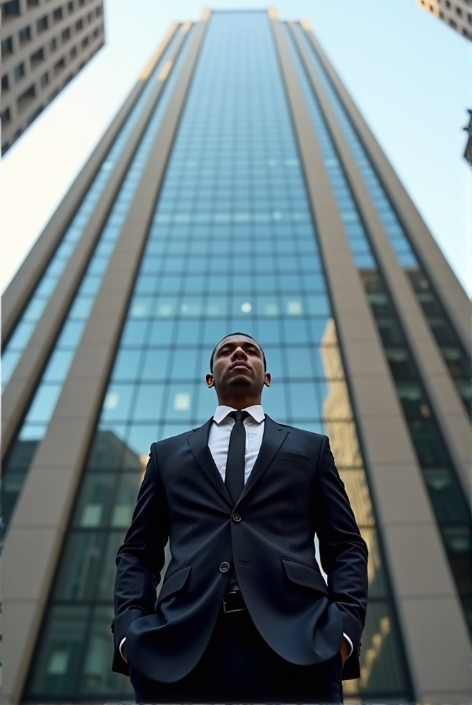 A man in a suit stands confidently in front of a towering skyscraper, symbolizing ambition and achievement.