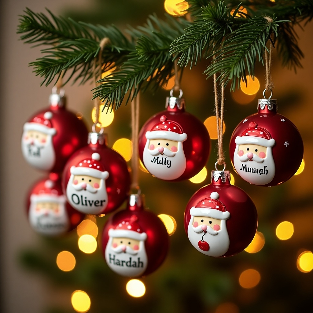 The image features a close-up of red Christmas baubles, each adorned with a Santa face. These decorative baubles include names like 'Oliver,' 'Mully,' and 'Munah.' They are suspended from a lush green tree branch, illuminated by soft, warm lights. The baubles evoke feelings of joy and nostalgia associated with the holiday season. The overall aesthetic is festive and inviting, perfect for celebrating Christmas. This charming arrangement offers a glimpse into personal holiday traditions and gift-giving.