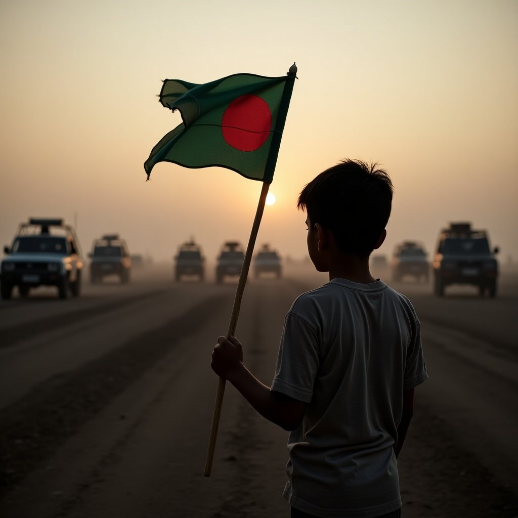 A boy stands holding a flag of Bangladesh. The background shows a battlefield with vehicles. The time is dusk, creating a somber atmosphere. The boy focuses on the horizon, oblivious to the chaos around him.