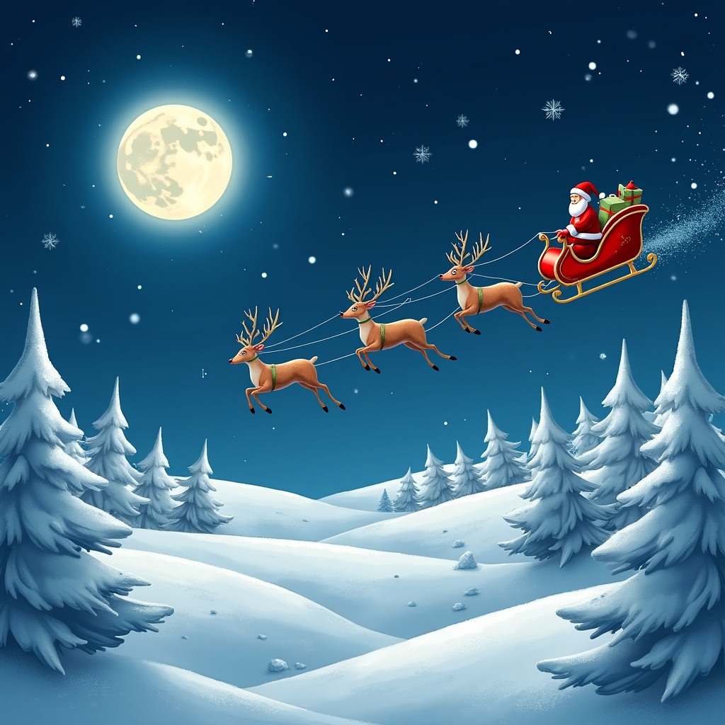 Christmas scene with Santa Claus in a red sleigh pulled by five reindeer flying across a starry sky. Full moon illuminates white hills of snow and snow-covered Christmas trees. Magical dust trails behind sleigh. Festive and cheerful atmosphere.